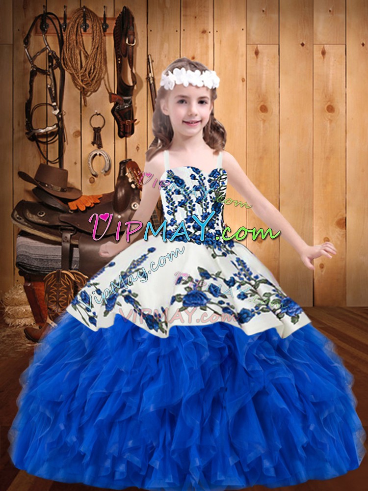 Blue And White Winning Pageant Gowns Party and Sweet 16 and Quinceanera and Wedding Party with Embroidery and Ruffles Straps Sleeveless Lace Up