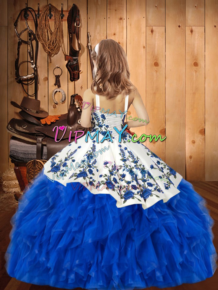 Blue And White Winning Pageant Gowns Party and Sweet 16 and Quinceanera and Wedding Party with Embroidery and Ruffles Straps Sleeveless Lace Up