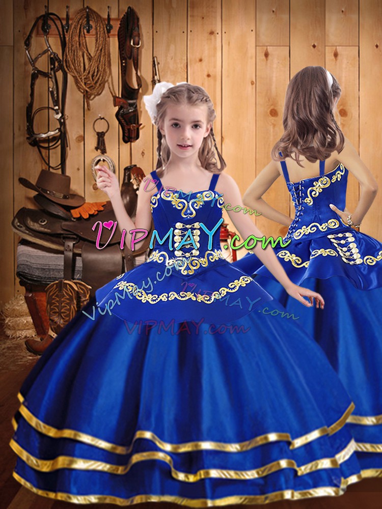 Royal Blue Lace Up Straps Beading and Embroidery and Ruffled Layers Pageant Gowns Organza Sleeveless