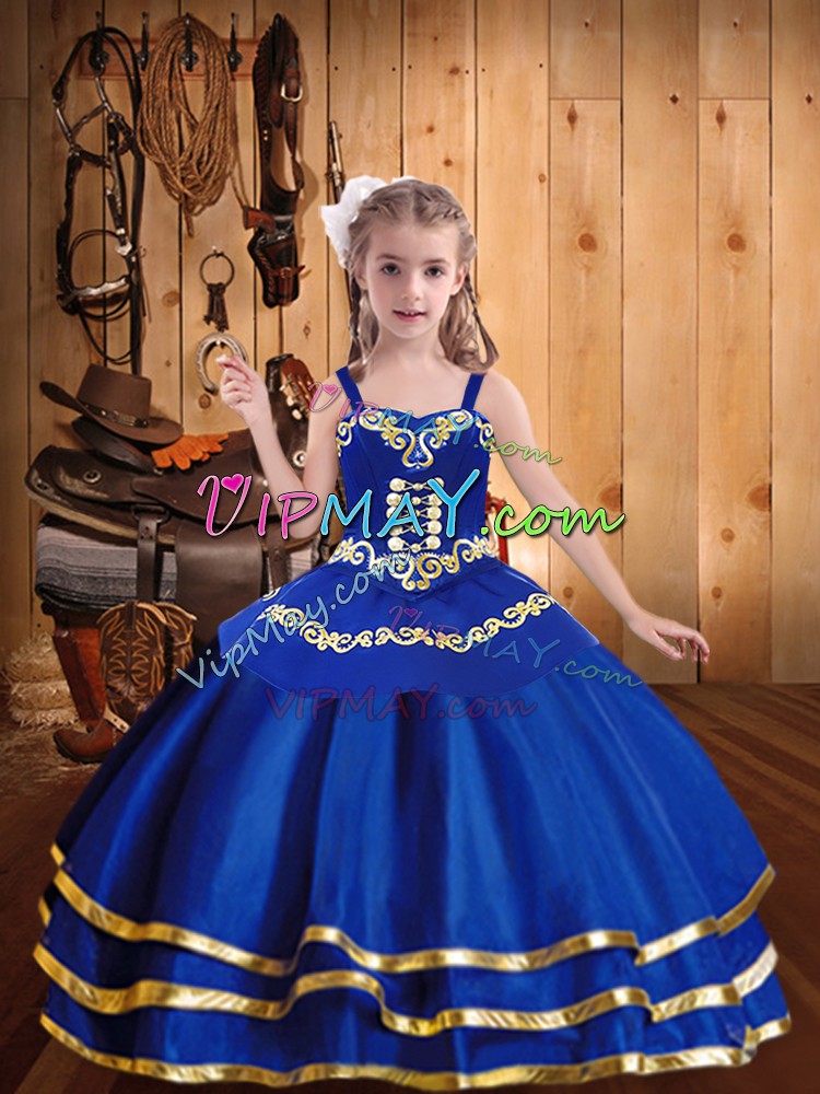 Royal Blue Lace Up Straps Beading and Embroidery and Ruffled Layers Pageant Gowns Organza Sleeveless