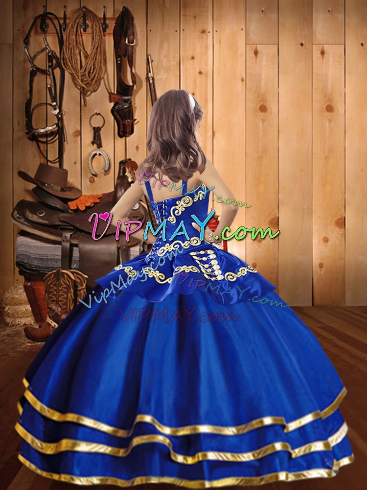 Royal Blue Lace Up Straps Beading and Embroidery and Ruffled Layers Pageant Gowns Organza Sleeveless