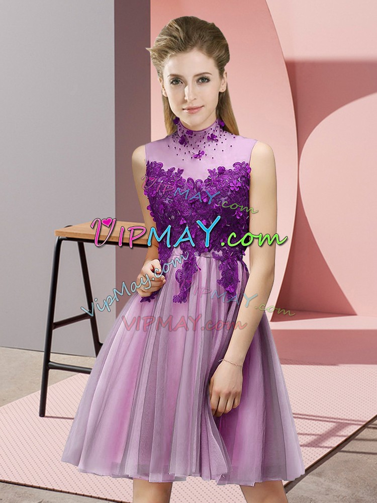 Lilac Tulle Lace Up High-neck Sleeveless Knee Length Dama Dress for Quinceanera Appliques