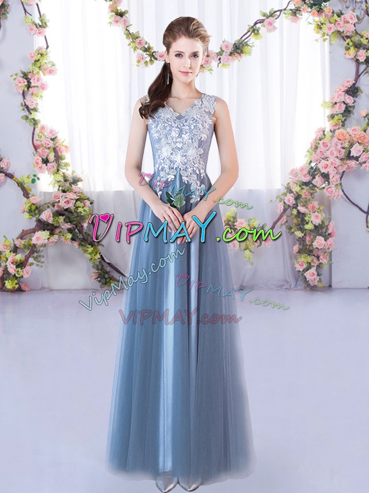 Stunning Floor Length Blue Wedding Guest Dresses V-neck Sleeveless Lace Up