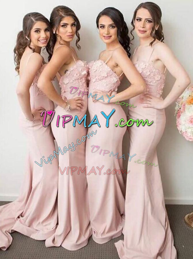 Custom Designed Pink Bridesmaid Gown Satin Court Train Sleeveless Appliques