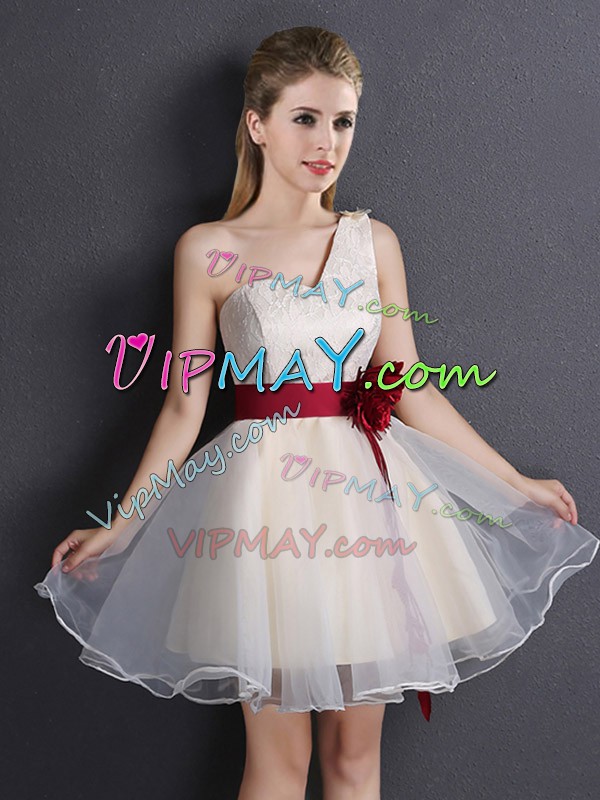 Champagne Vestidos de Damas Prom and Party and Wedding Party with Lace and Appliques and Hand Made Flower V-neck Sleeveless Lace Up