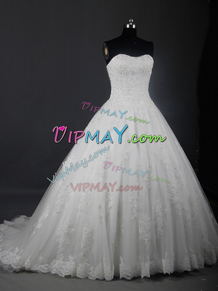 Dynamic White Tulle Lace Up Wedding Gowns Sleeveless Brush Train Beading and Lace