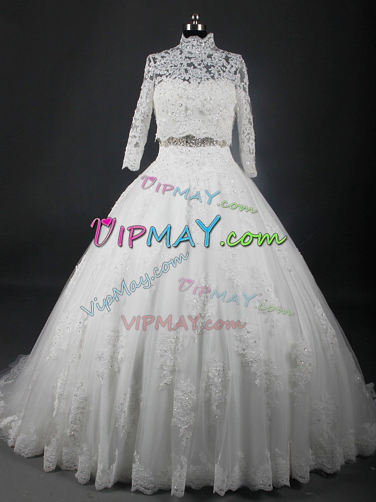 Dynamic White Tulle Lace Up Wedding Gowns Sleeveless Brush Train Beading and Lace