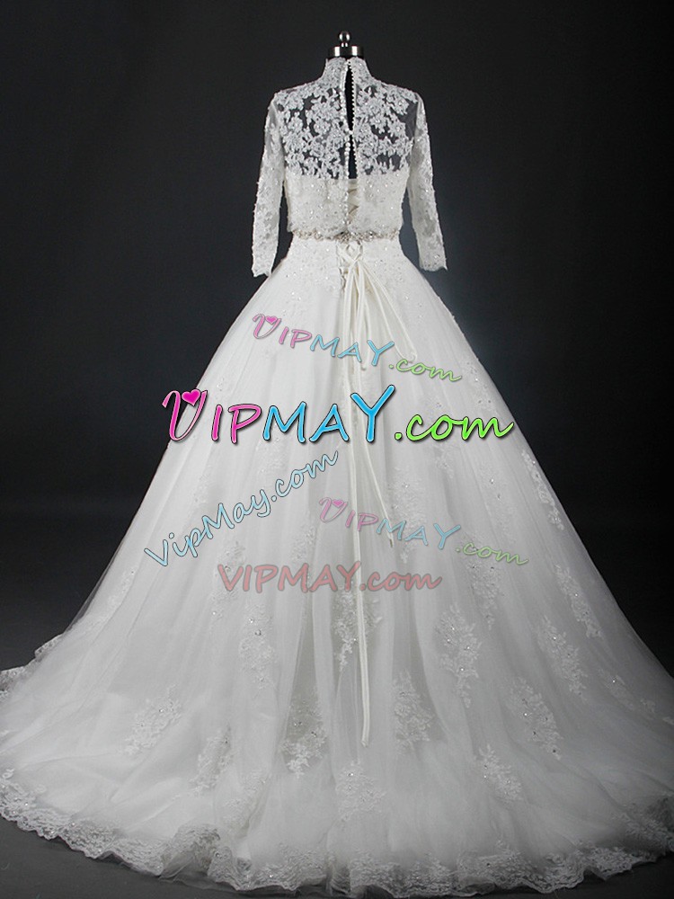 Dynamic White Tulle Lace Up Wedding Gowns Sleeveless Brush Train Beading and Lace