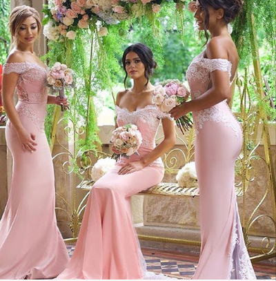 Off The Shoulder Sleeveless Bridesmaid Gown Floor Length Lace and Appliques Pink Satin