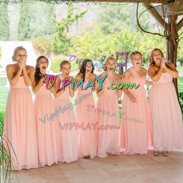 Sleeveless Floor Length Beading and Lace Lace Up Bridesmaids Dress with Pink and Peach Sweep Train