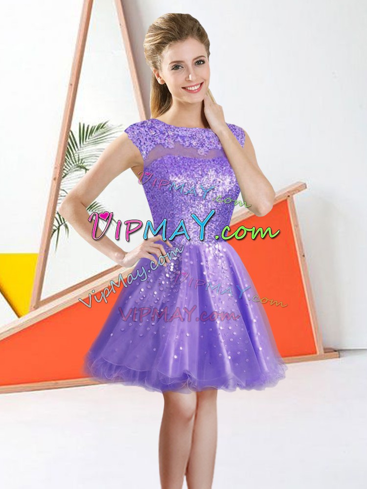 Fitting Knee Length Lavender Bridesmaid Dresses Organza Sleeveless Beading and Lace