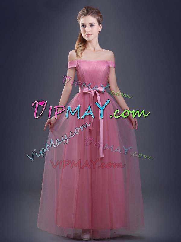 Pretty Empire Wedding Guest Dresses Pink Off The Shoulder Tulle Sleeveless Floor Length Lace Up