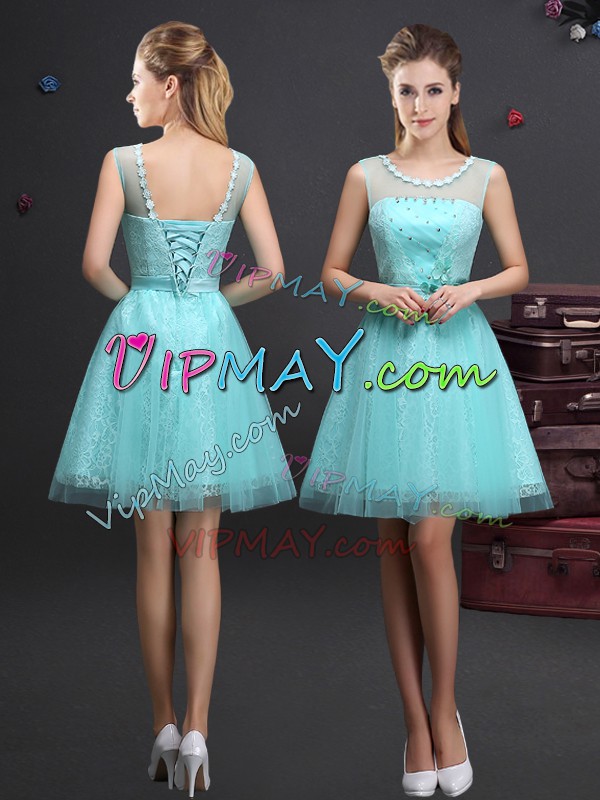 Fantastic Mini Length Aqua Blue Quinceanera Court of Honor Dress Tulle Sleeveless Beading and Lace and Appliques and Belt