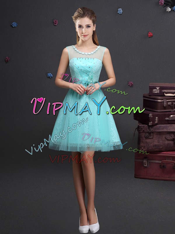 Fantastic Mini Length Aqua Blue Quinceanera Court of Honor Dress Tulle Sleeveless Beading and Lace and Appliques and Belt