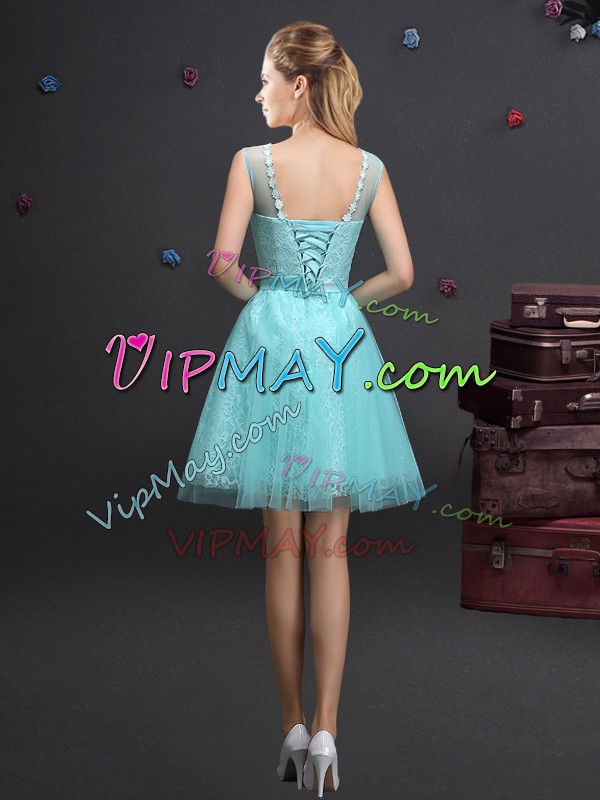 Fantastic Mini Length Aqua Blue Quinceanera Court of Honor Dress Tulle Sleeveless Beading and Lace and Appliques and Belt