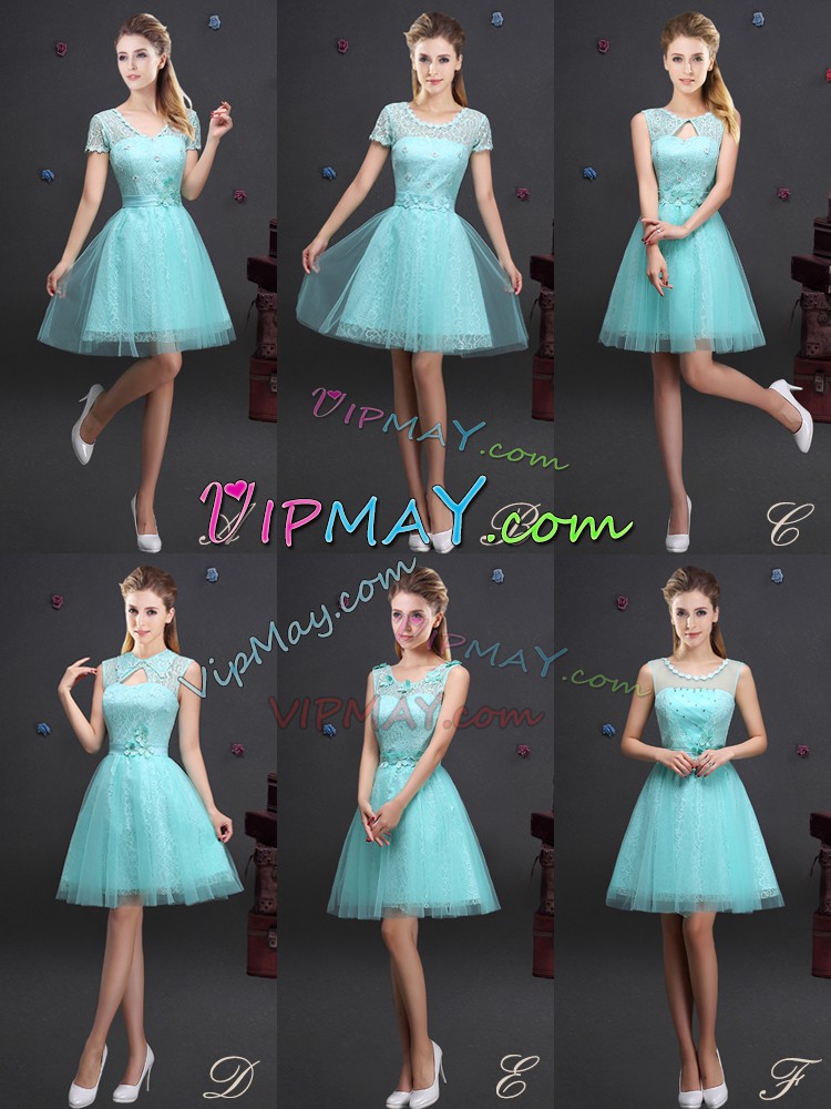 Fantastic Mini Length Aqua Blue Quinceanera Court of Honor Dress Tulle Sleeveless Beading and Lace and Appliques and Belt