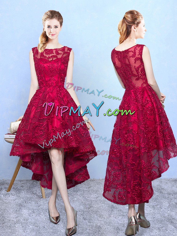 Simple Burgundy A-line Scoop Sleeveless Lace High Low Zipper Lace Quinceanera Dama Dress