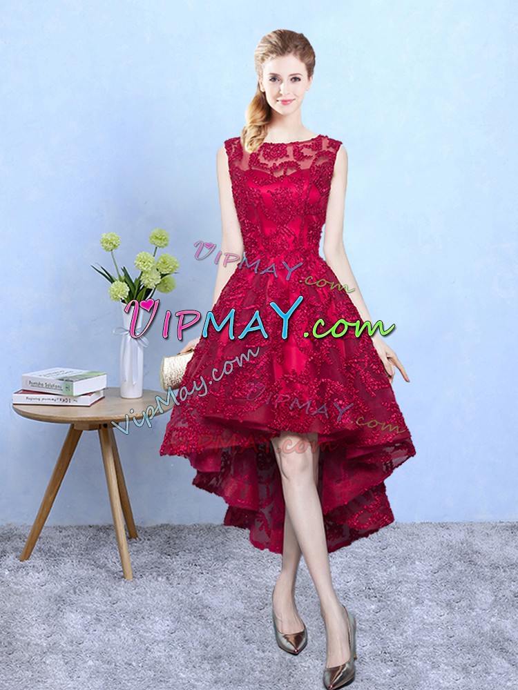 Simple Burgundy A-line Scoop Sleeveless Lace High Low Zipper Lace Quinceanera Dama Dress