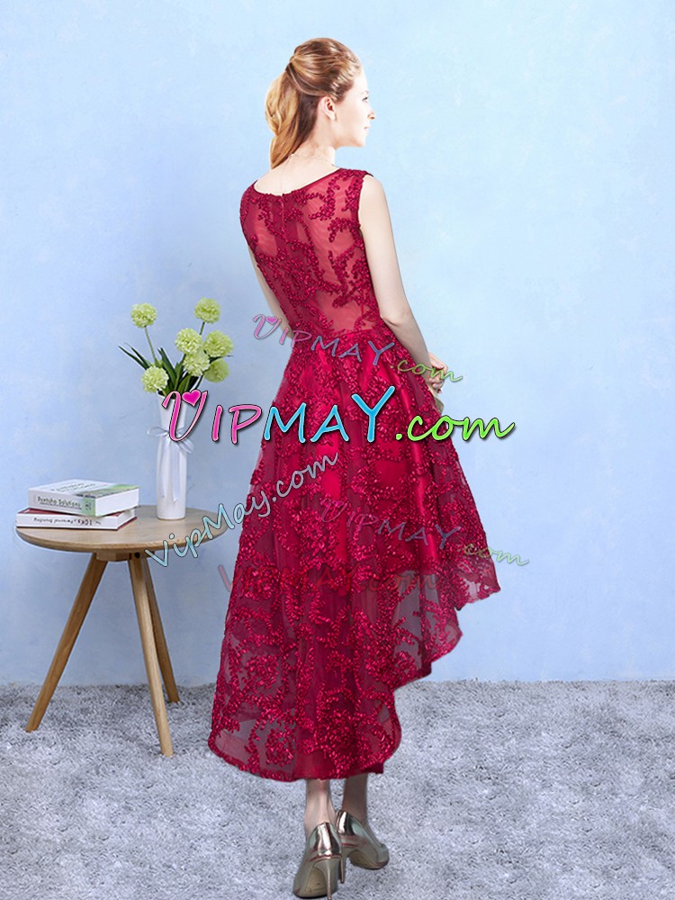 Simple Burgundy A-line Scoop Sleeveless Lace High Low Zipper Lace Quinceanera Dama Dress