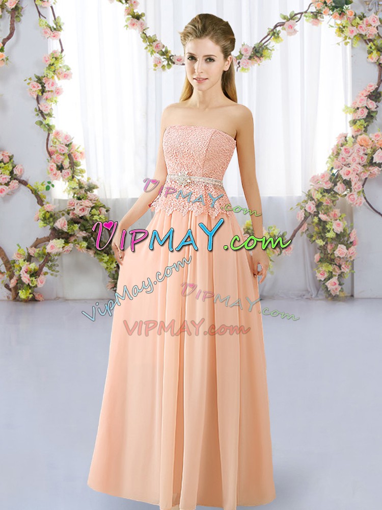 Peach Empire Strapless Sleeveless Chiffon Floor Length Lace Up Lace and Belt Bridesmaid Gown