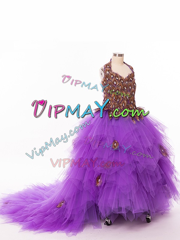 Custom Made Ball Gowns Sleeveless Eggplant Purple Glitz Pageant Dress Court Train Lace Up