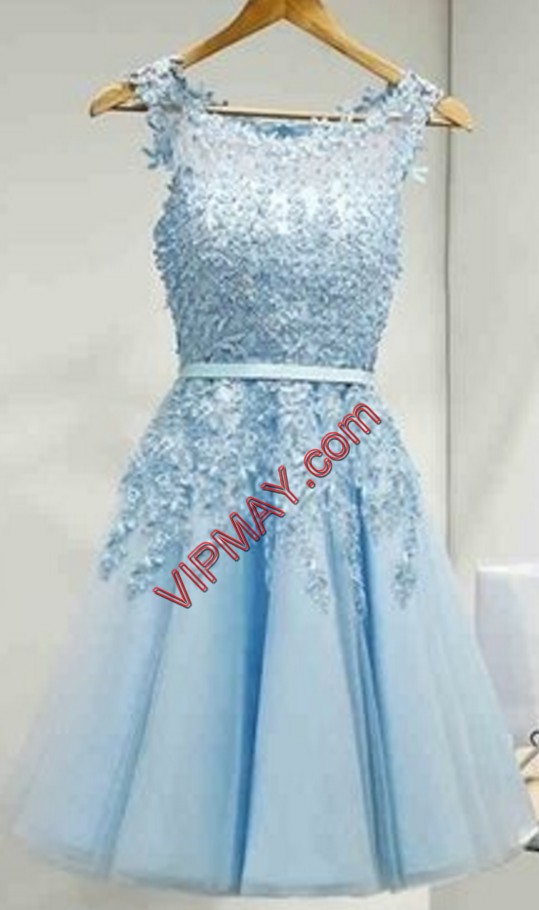 Baby Blue Sleeveless Beading and Appliques Mini Length Bridesmaid Gown