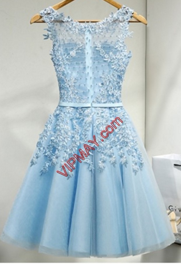 Baby Blue Sleeveless Beading and Appliques Mini Length Bridesmaid Gown