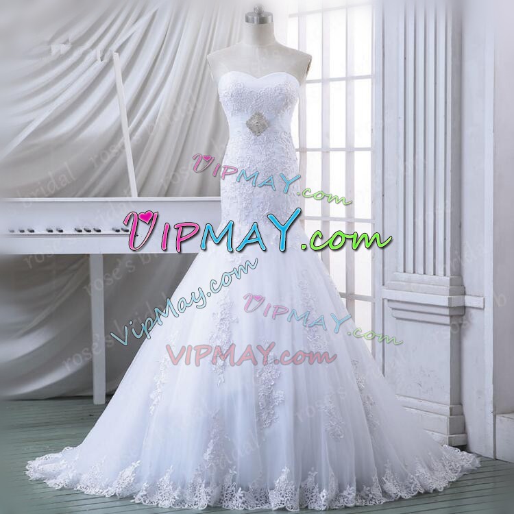 Beading and Lace Wedding Gown White Zipper Sleeveless Court Train