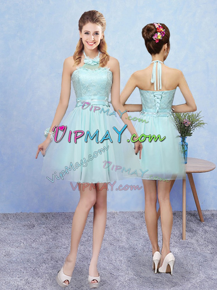 Tulle Halter Top Sleeveless Lace Up Lace Bridesmaid Dresses in Aqua Blue