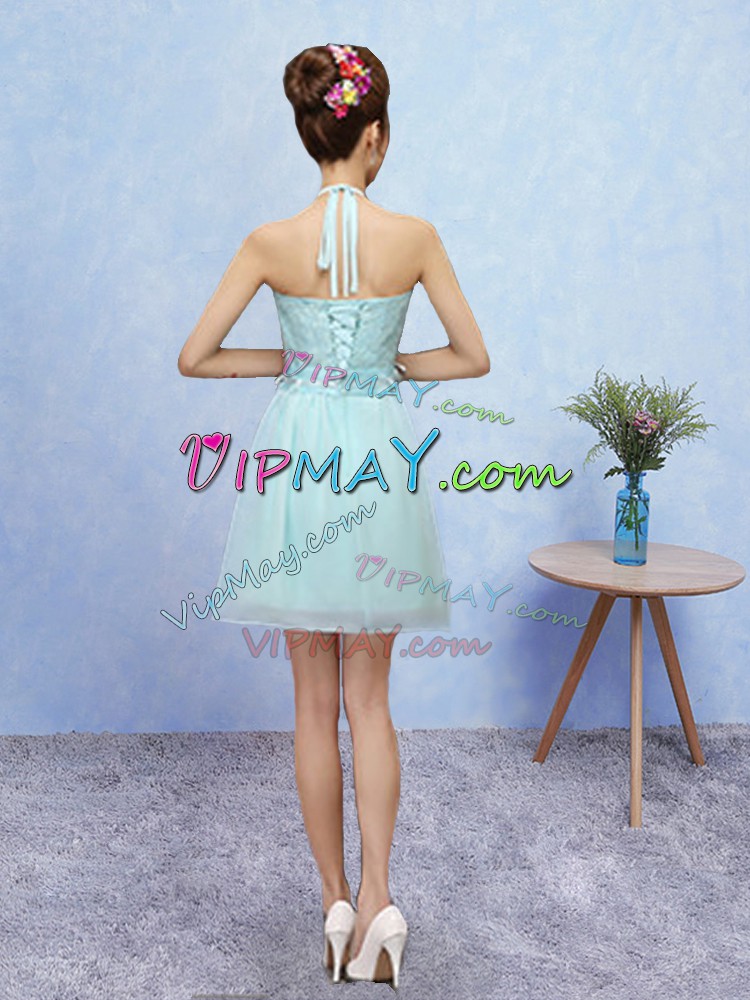 Tulle Halter Top Sleeveless Lace Up Lace Bridesmaid Dresses in Aqua Blue