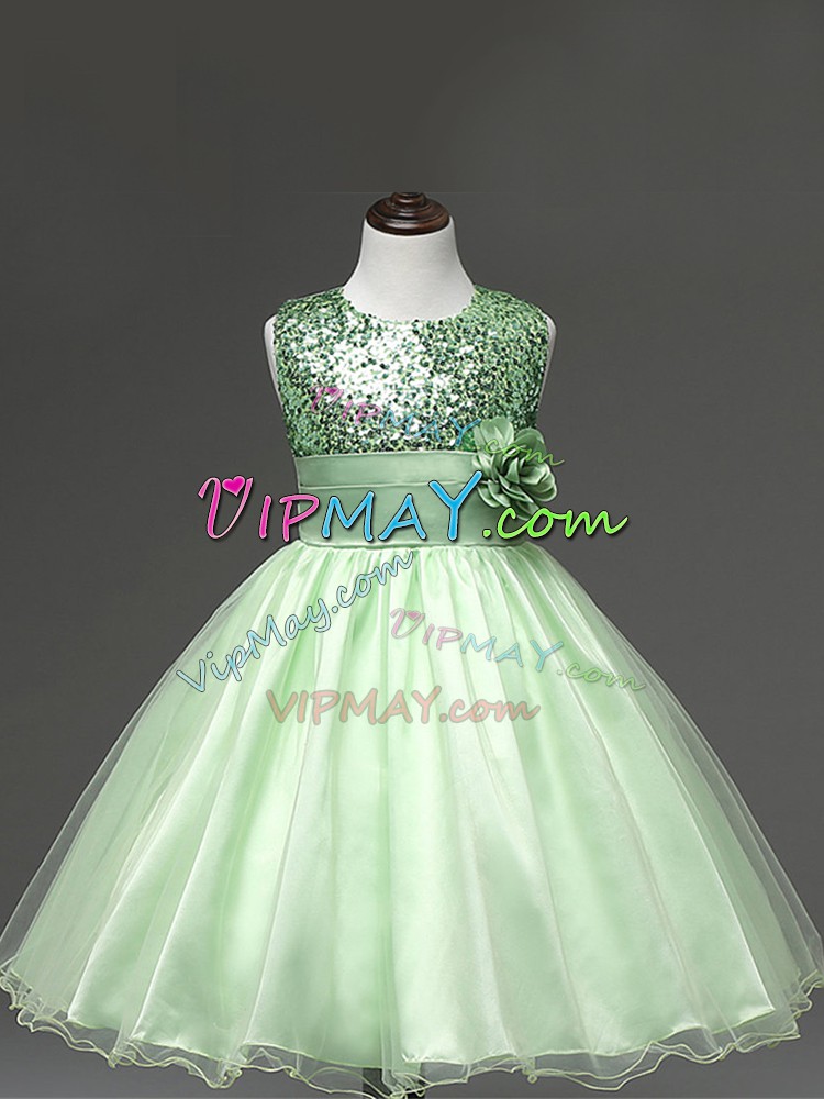 Eye-catching Apple Green Tulle Zipper Child Pageant Dress Sleeveless Knee Length Sequins and Hand Made Flower