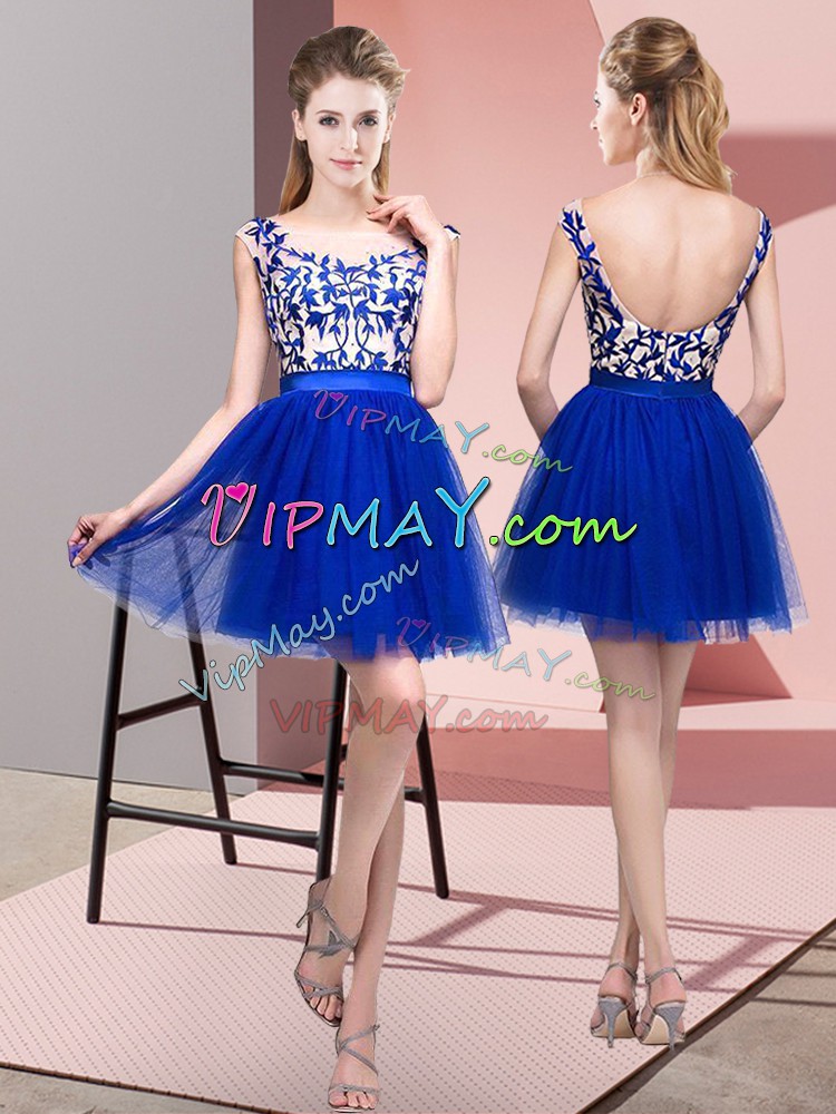 Flirting Royal Blue Zipper Bateau Lace Bridesmaid Gown Tulle Sleeveless