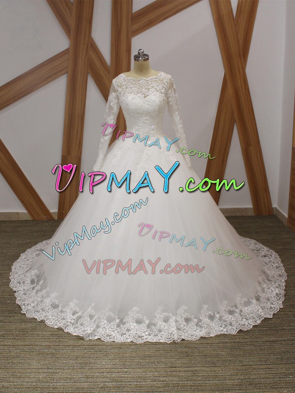 Beautiful White Wedding Gown Tulle Court Train Sleeveless Beading and Appliques