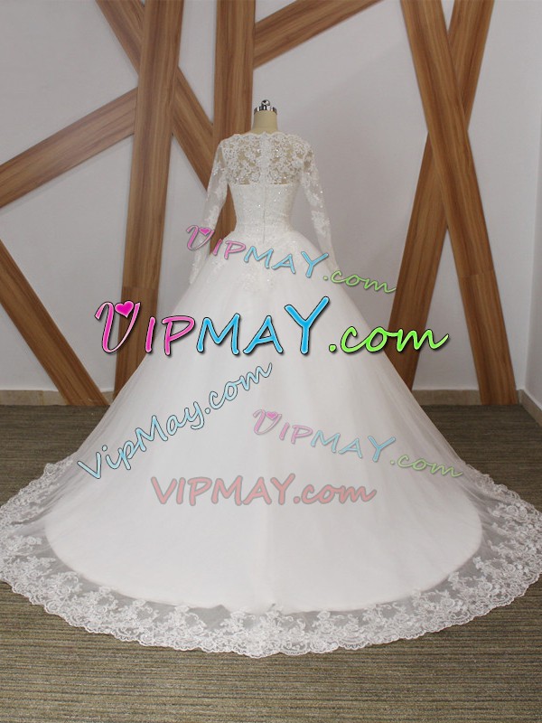 Beautiful White Wedding Gown Tulle Court Train Sleeveless Beading and Appliques