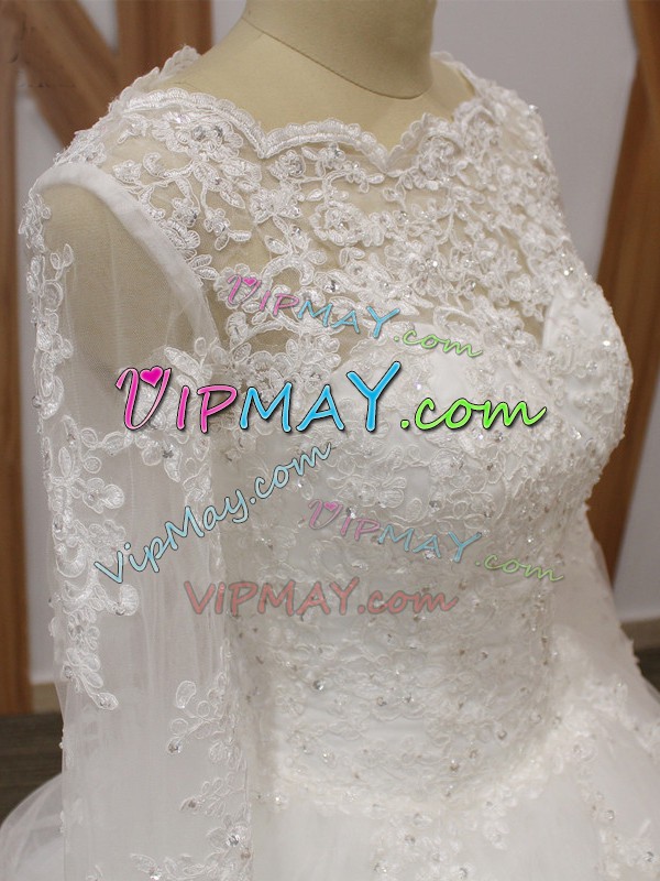 Beautiful White Wedding Gown Tulle Court Train Sleeveless Beading and Appliques