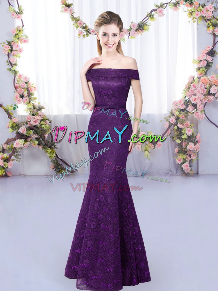 Customized Purple Sleeveless Lace Floor Length Bridesmaid Dresses
