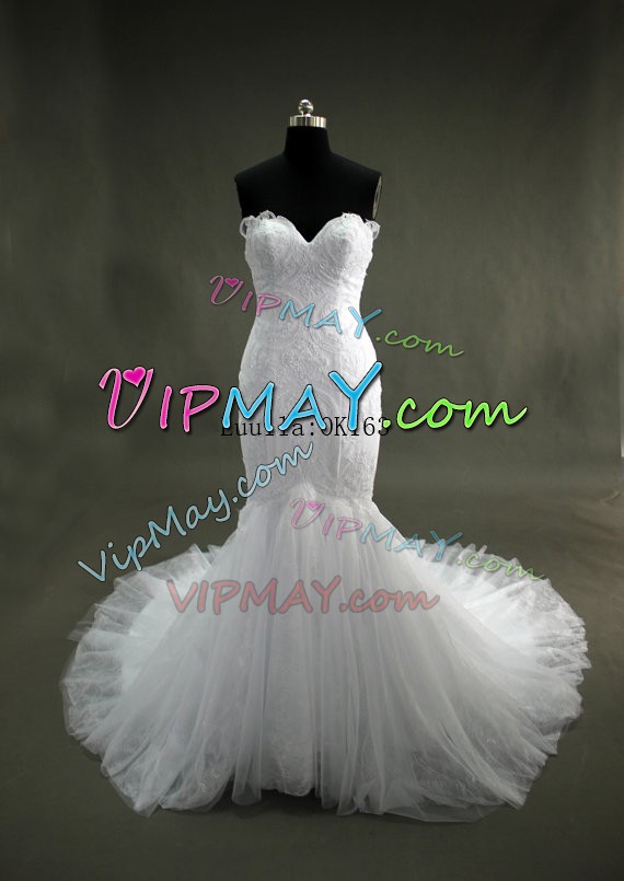 Custom Fit Court Train Mermaid Wedding Gown White Sweetheart Tulle Sleeveless With Train Zipper