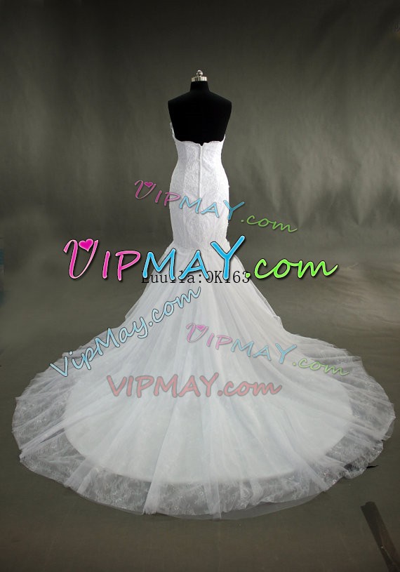 Custom Fit Court Train Mermaid Wedding Gown White Sweetheart Tulle Sleeveless With Train Zipper