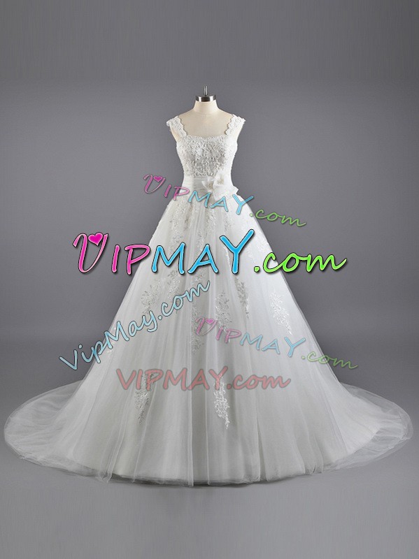 Smart Lace Up Wedding Gowns White for Wedding Party with Lace Court Train