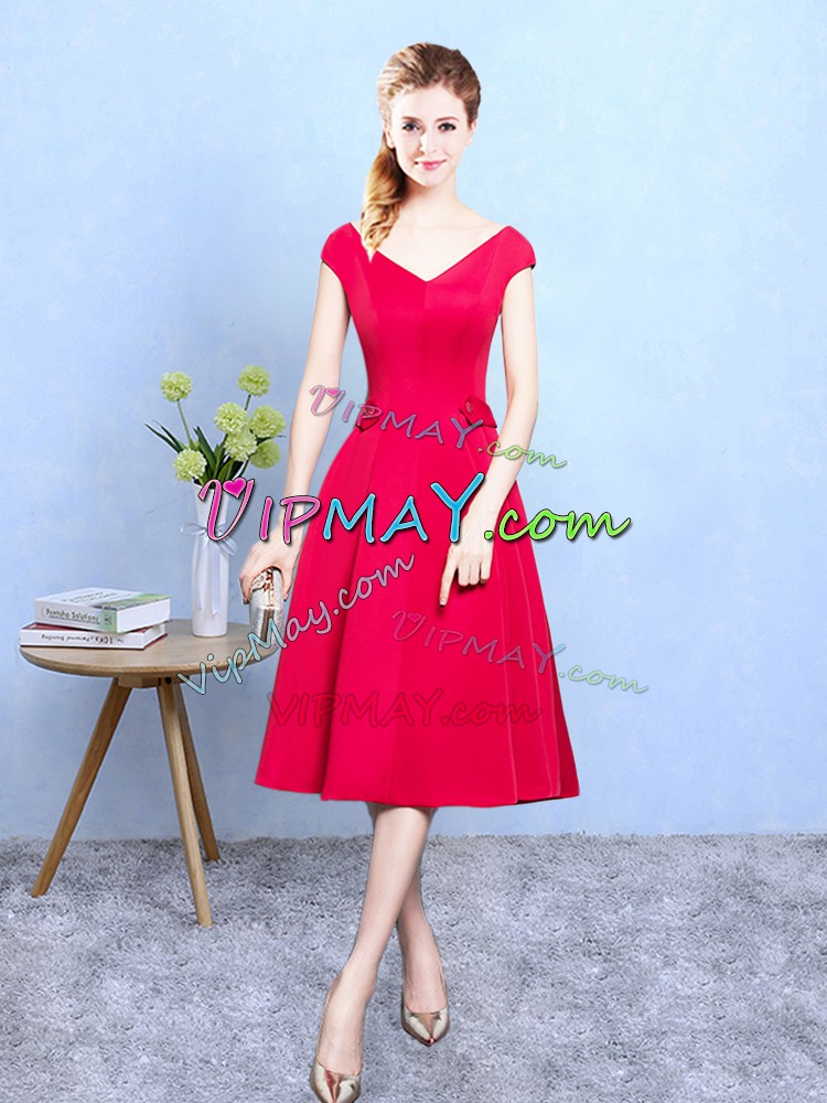 V-neck Cap Sleeves Satin Wedding Guest Dresses Ruching Zipper