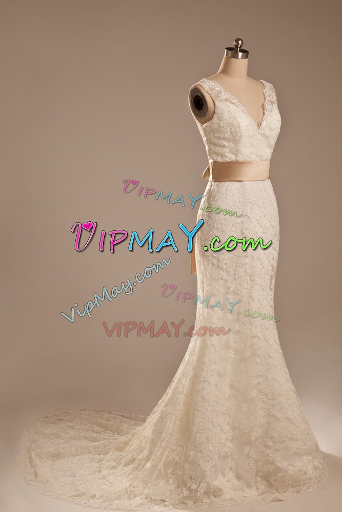 Hot Sale White Wedding Gown Lace Brush Train Sleeveless Lace and Belt