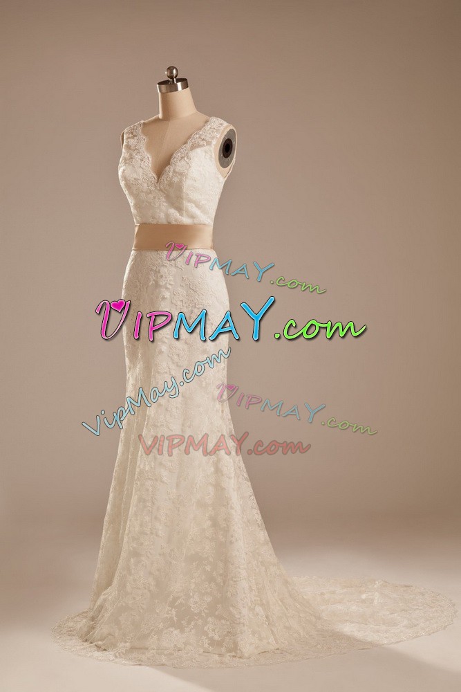 Hot Sale White Wedding Gown Lace Brush Train Sleeveless Lace and Belt