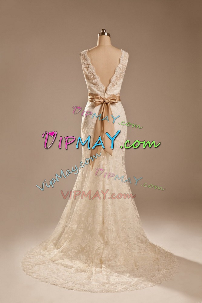 Hot Sale White Wedding Gown Lace Brush Train Sleeveless Lace and Belt