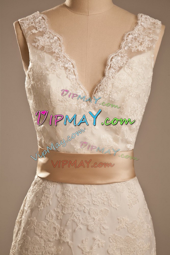 Hot Sale White Wedding Gown Lace Brush Train Sleeveless Lace and Belt