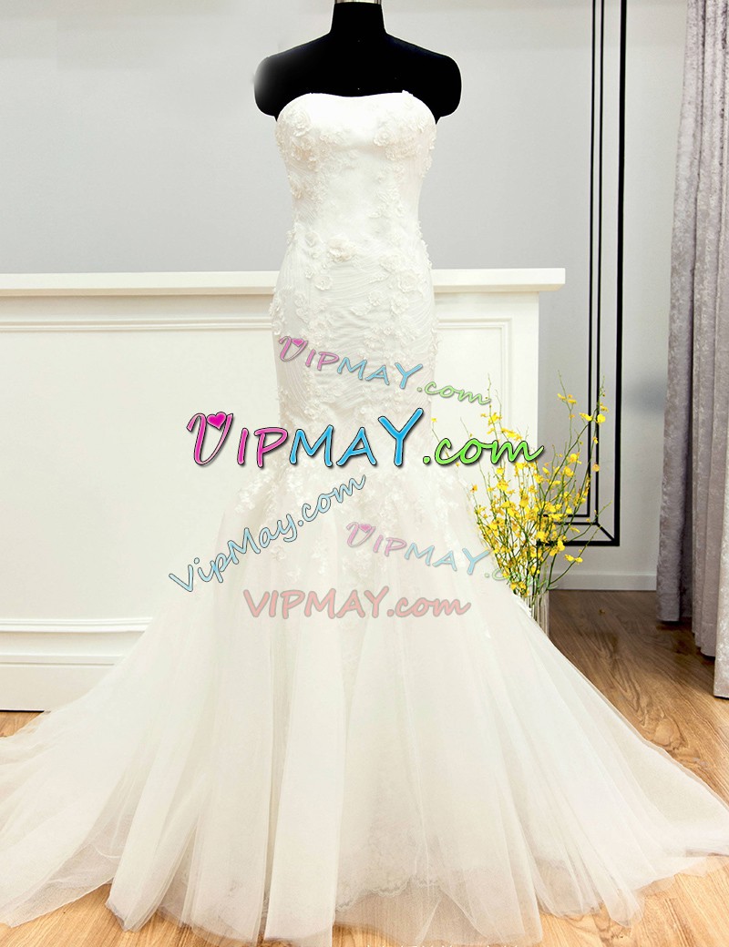 Free and Easy With Train White Wedding Dress Tulle Sweep Train Sleeveless Beading and Hand Made Flower