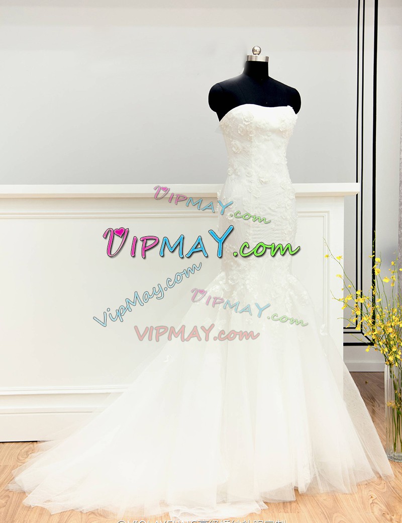 Free and Easy With Train White Wedding Dress Tulle Sweep Train Sleeveless Beading and Hand Made Flower