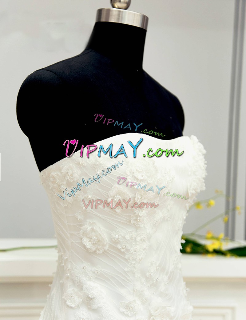 Free and Easy With Train White Wedding Dress Tulle Sweep Train Sleeveless Beading and Hand Made Flower