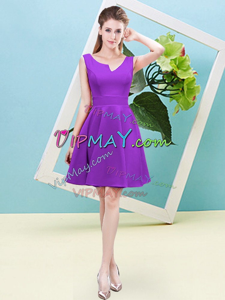 Sophisticated Asymmetric Sleeveless Bridesmaid Dresses Mini Length Ruching Eggplant Purple Satin