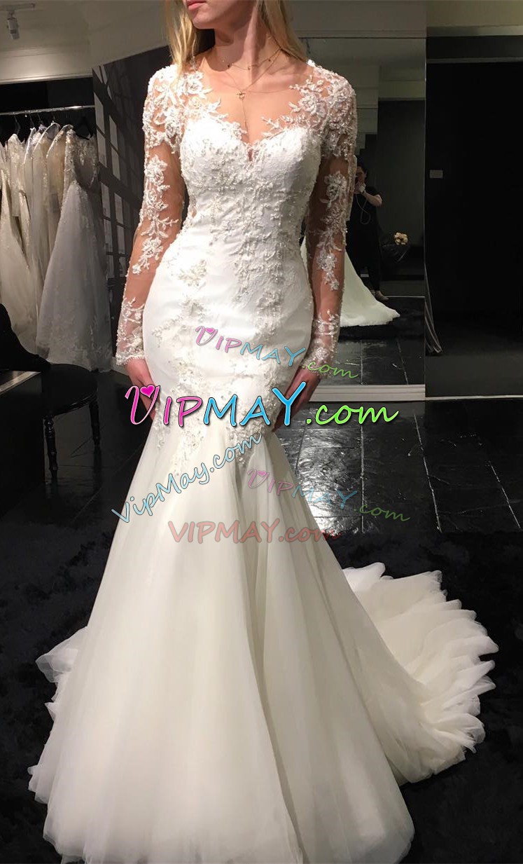 Superior Scoop Long Sleeves Zipper Wedding Gowns White Tulle Lace and Appliques