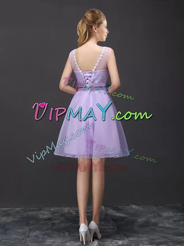 Cute Organza Scoop Sleeveless Lace Up Lace Wedding Party Dress in Lavender